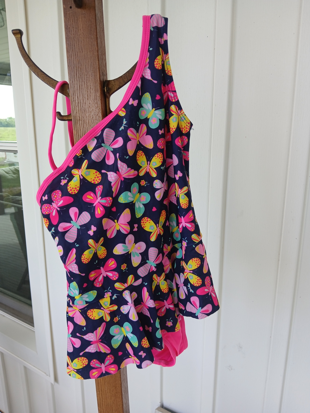 Girls' Navy Butterfly Print One-Shoulder Swim Dress - Pink Trim
